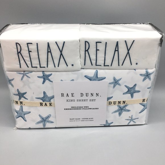 4pc Rae Dunn Blue Starfish Ocean KING Sheet Set RELAX Summer Beach Coastal NEW